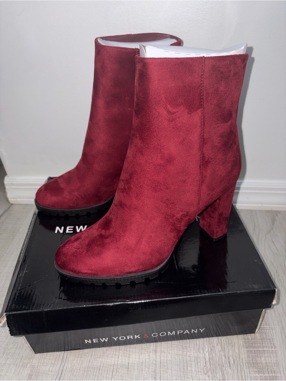 New York & Company Women's Burgundy Suede Block Heel Ankle Booties